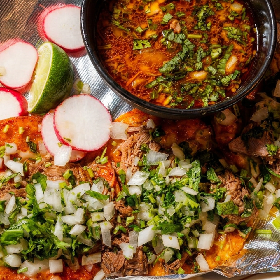 Birria tacos with cilantro, onions, a side of consommé, sliced radishes, and lime wedges.