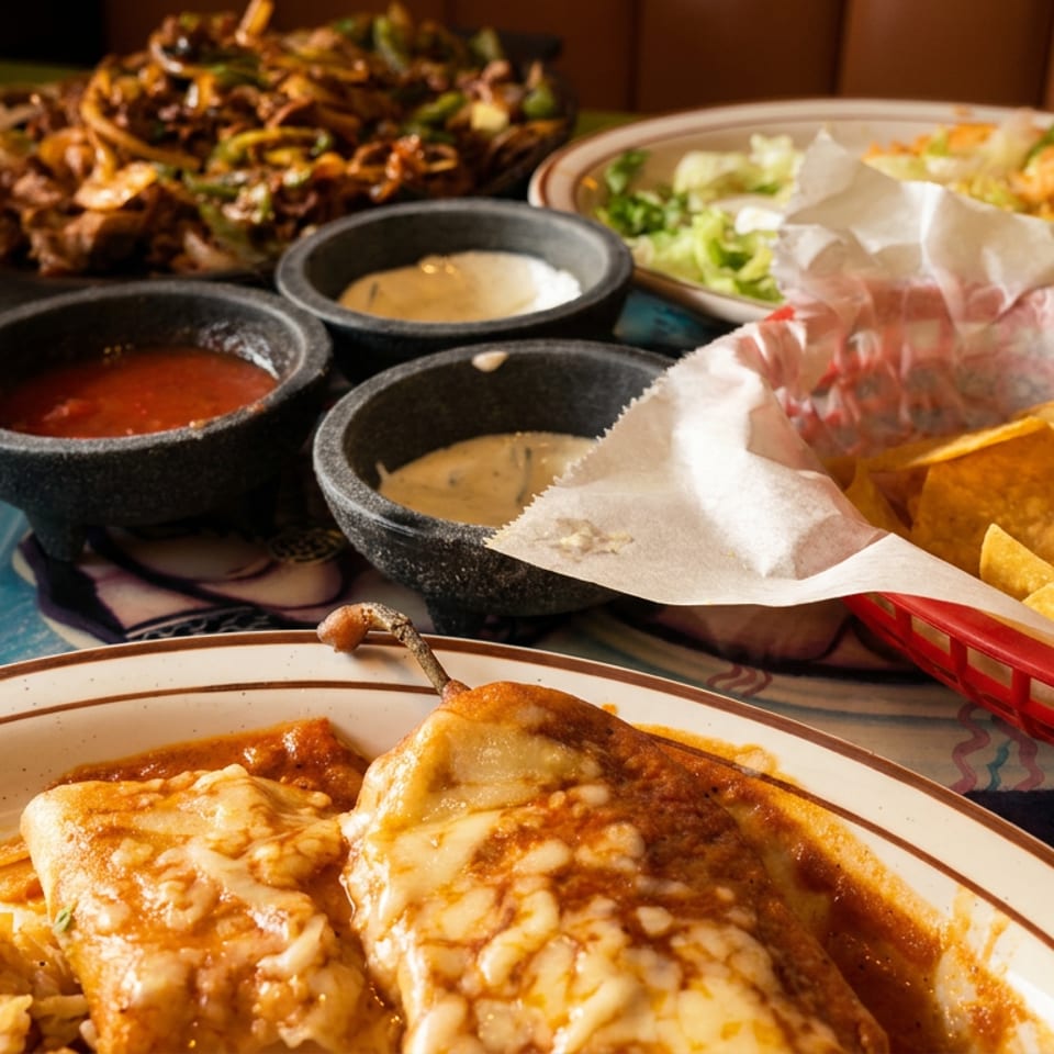 Table laden with various Mexican dishes, including enchiladas, fajitas, rice, chips, and dips.
