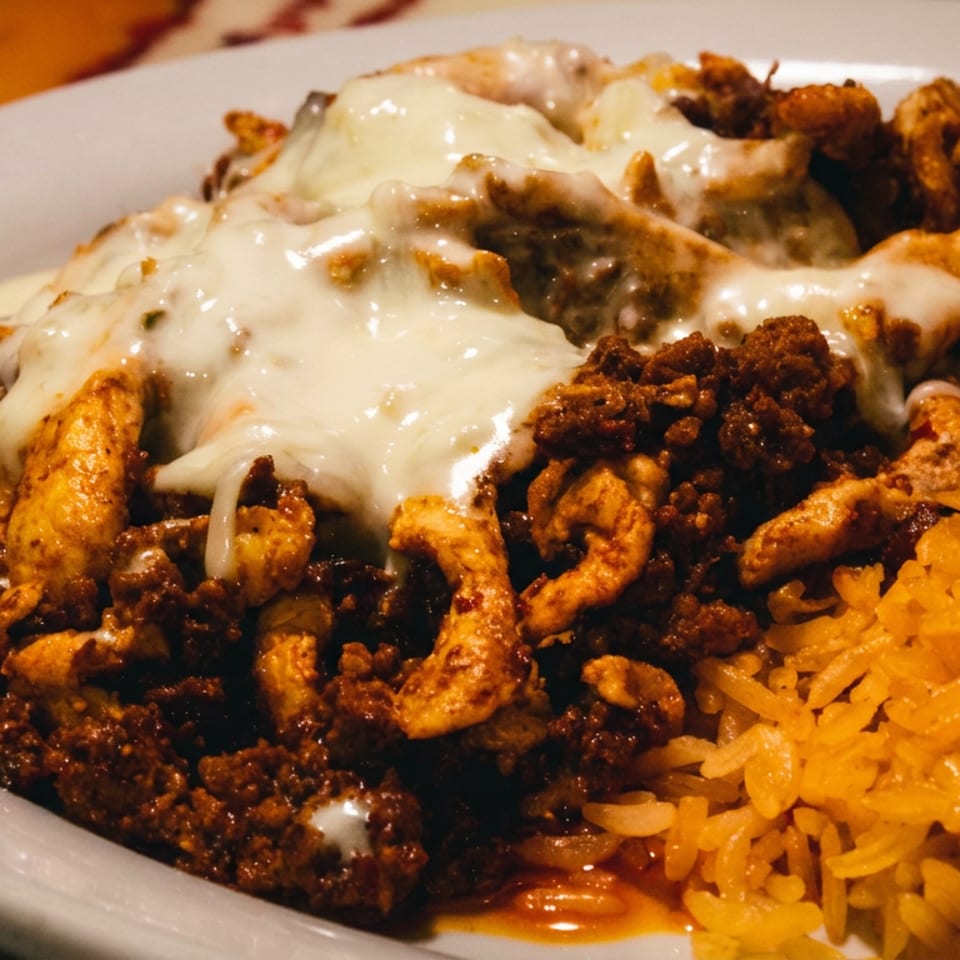 A white plate holds a generous serving of cheesy chicken and chorizo with yellow rice.
