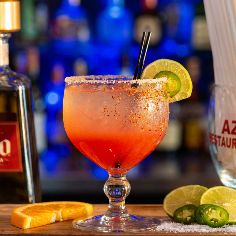 A vibrant red margarita with a salted rim, lime, and jalapeño, next to a bottle of 1800 Tequila.
