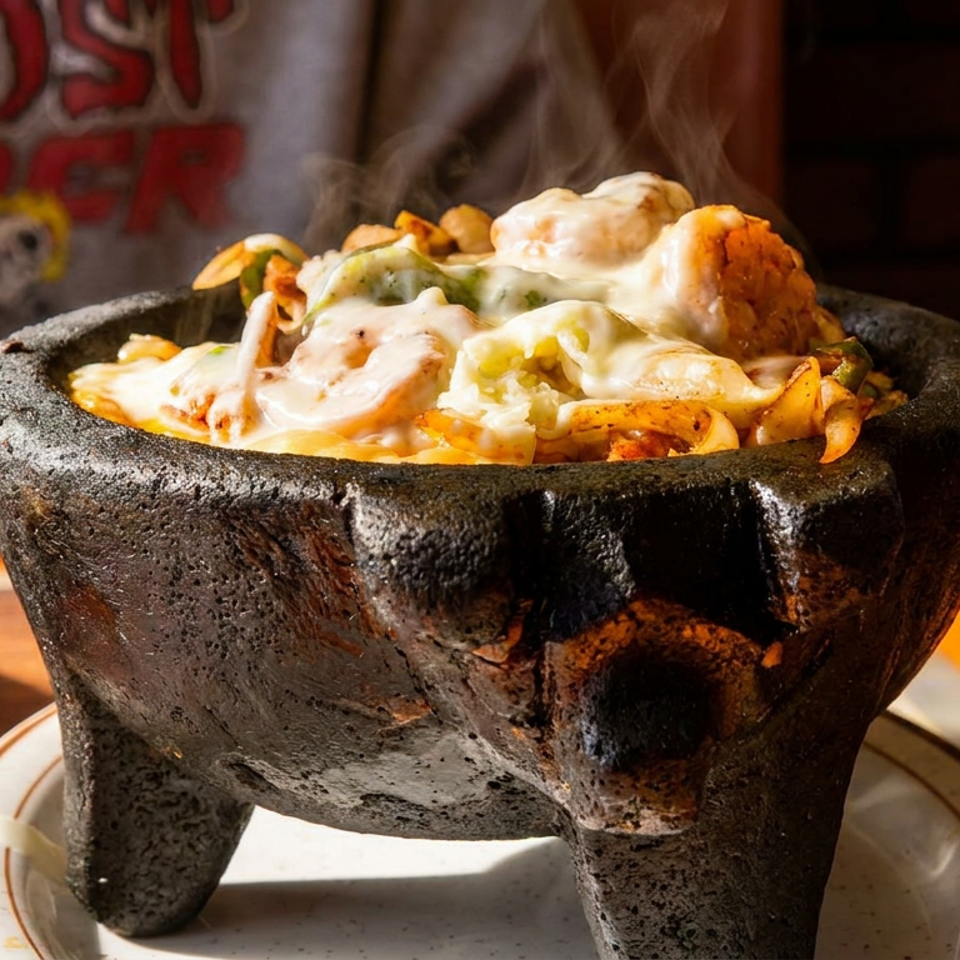 Steaming hot molcajete dish filled with melted cheese, chicken, and vegetables on a table.