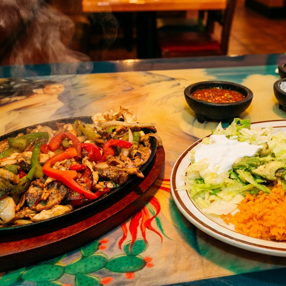 Sizzling fajitas with chicken, peppers, and onions, served with rice, beans, salad, and dips.