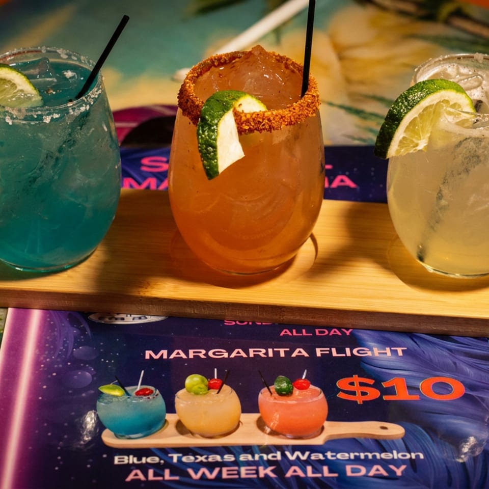 Three colorful margaritas, blue, orange, and clear, on a wooden tray with a menu.